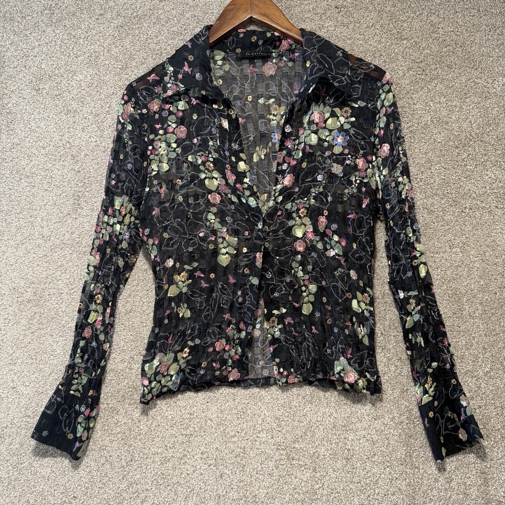 LE CAVIAR Sz M Blouse Crinkle Sheer Abstract Floral Whimsigoth Fairycore Top